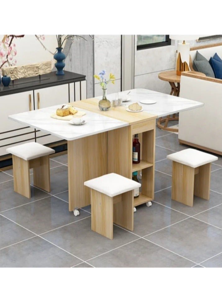 Extendable Folding Dining Table Set , Multifunctional Mobile Kitchen Table, Folding Kitchen Table with 2-Layer Shelf, 6 Wheels, With Four Benches
