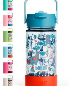 BEOLA 500ml Kids Water Bottle with Straw Lid and Silicone Protective Boot, Tritan Plastic, BPA BPS FREE Leak Proof and Drop Resistant Kids Water Bottles for School (Sea Vibes)