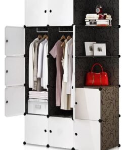 XiuWoo Portable Closets Cube Wardrobe 15 Cube Modular Storage Cabinet with 2 Hanging Rail & Door Large Organizer Cupboard Combination Bedroom Armoire Plastic Bin Clothing Cabinet for Books Toys Towels Shoes