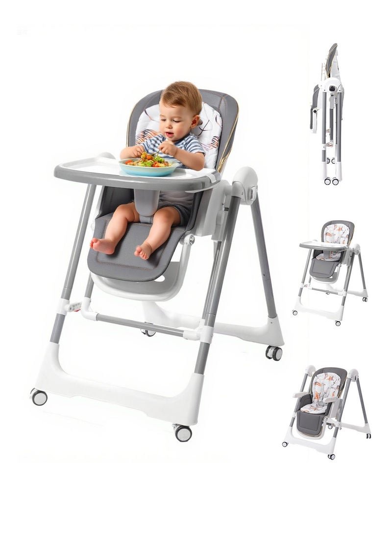 AL-WAHA AL-ZHABIA Baby High Chair | 5-Level Adjustable Foldable High Chair with Wheels & Double Trays | 4-Position Reclining Seat & 3-Stage Footrest | Safe Feeding Chair for Infants 6M-3 Years