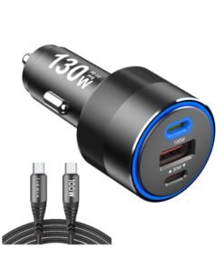 TIKNIA 130W USB C Car Fast Charger, Power Adapter PPS PD 100W + PD 30W Quick Charging USB A QC 3.0, Cigarette Lighter Type C Charger Compatible with Laptop, Smartphone, Tablet, iPad, and More