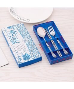 Stainless Steel Portable Tableware Set Hotel Gift Box Blue And White Porcelain Three-piece Tableware Chopsticks Fork Spoon Two-piece Set-Specifications:Three-piece Blue And White Porcelain