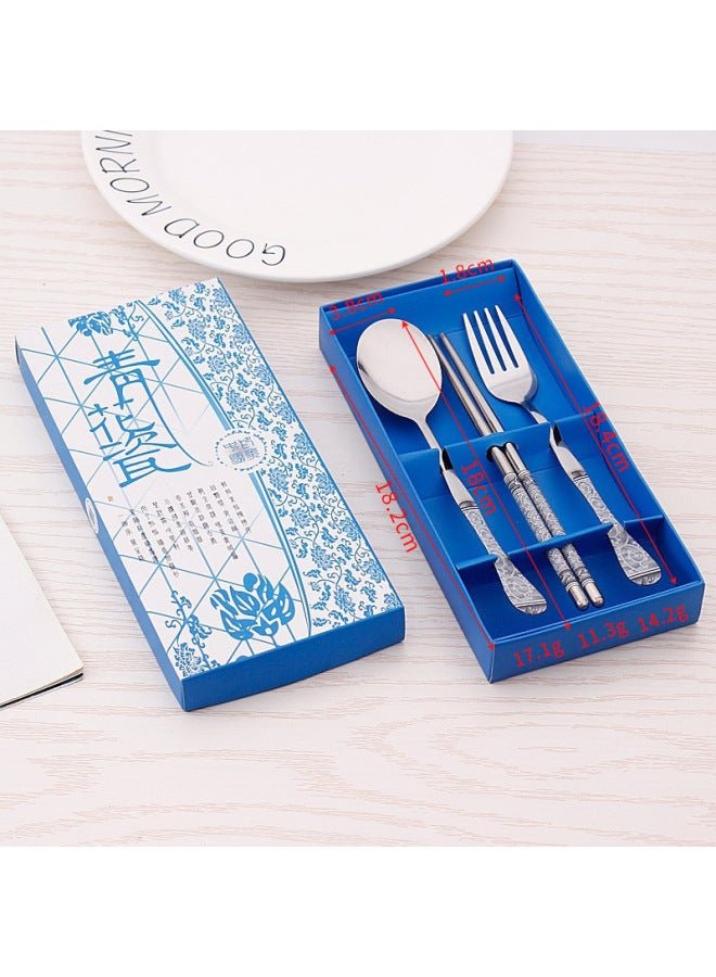 Stainless Steel Portable Tableware Set Hotel Gift Box Blue And White Porcelain Three-piece Tableware Chopsticks Fork Spoon Two-piece Set-Specifications:Three-piece Blue And White Porcelain