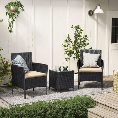 Songmics Modern Outdoor Lt Pf004 Rattan Patio Furniture Set, 2 Chair With Cushions And 1 Glass Table, Ideal For Garden, Balcony, And Office Lounge - Black - Image 2