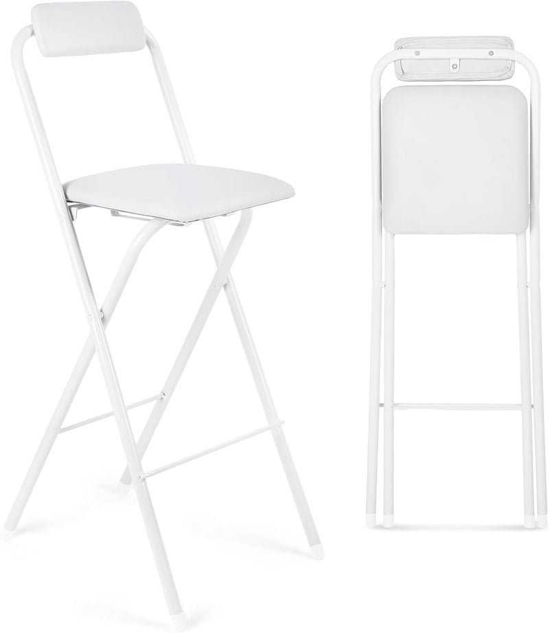 Suzile Folding Bar Stool with Backrest, Leather Padded Counter Height Foldable Stool, Portable Chairs Folding Seat Tall Bar Chairs for Outdoor Camping Kitchen Shop Cafe, White(29.5 Inch)
