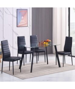 DANUBE HOME Cuckoo 5 Pieces Rectangular Dining Set Modern Design 4 Seater Comfortable Chairs And 1 Adjustable Table For Kitchen Dining Room Black/Clear glass