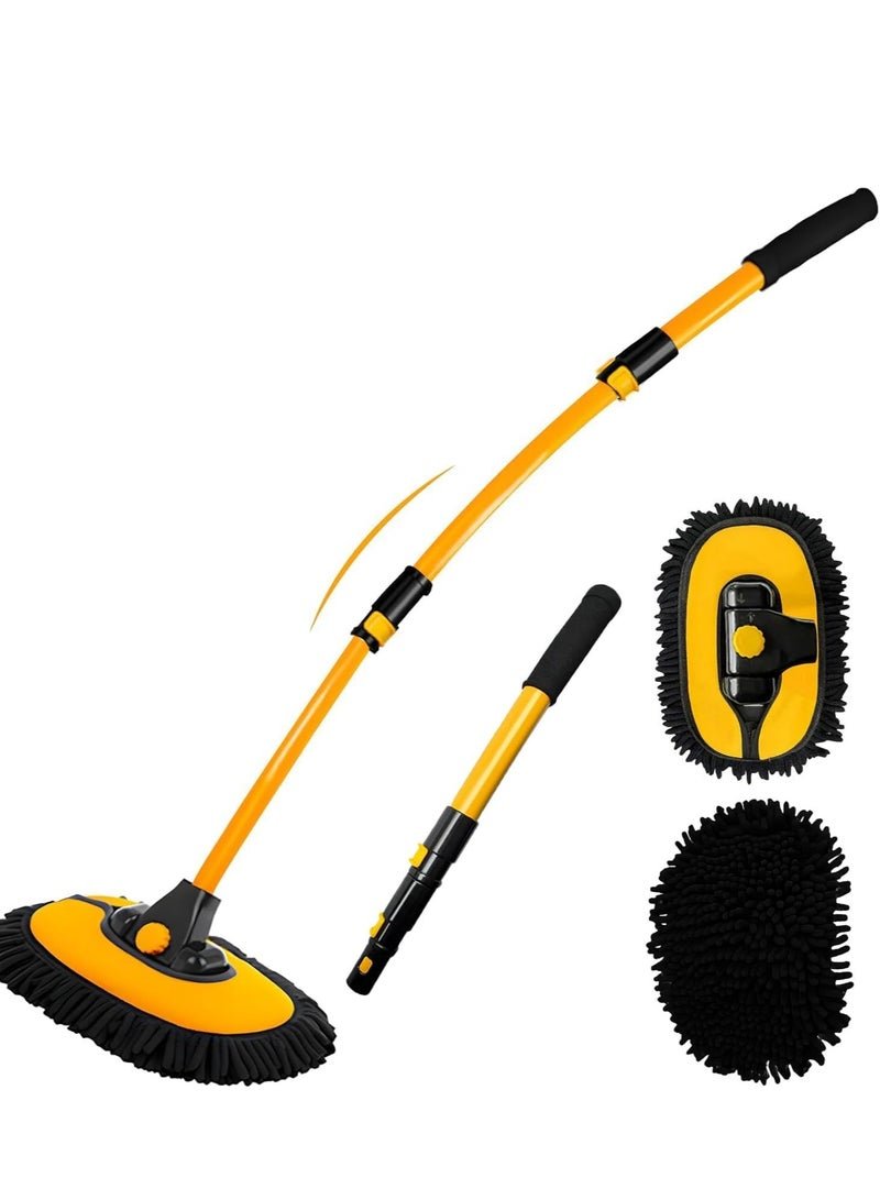 TRASSLE 15°Curved Car Wash Brush with Long Handle, 43" Extension Pole RV Truck Microfiber Cleaning Mop Auto SUV Wheel Boat Exterior Interior Detailing 2 in 1 Carwash Duster Not Hurt Paint Scratch Free