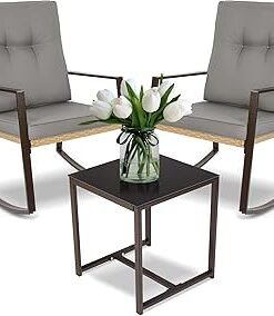 3 Piece Bistro Set Outdoor Patio Rocking Wicker Chairs, Patio Outdoor Furniture Conversation Sets with Porch Chairs,Coffee Table and Washable Cushion(Gray)