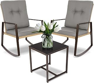3 Piece Bistro Set Outdoor Patio Rocking Wicker Chairs, Patio Outdoor Furniture Conversation Sets with Porch Chairs,Coffee Table and Washable Cushion(Gray)