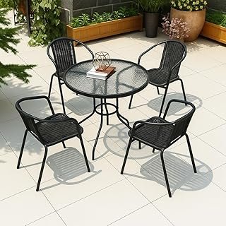 5-Piece Garden Dining Set Outdoor Furniture | 4 Poly Rattan Chairs + 1 Glass-Top Table | Anthracite Black Patio Dining Set for Balcony, Garden & Terrace | Weather-Resistant Dinner Set
