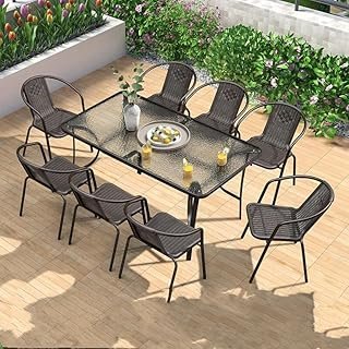 Deep Sleep Garden Dining Set 9 Piece (8 Chair and 1 Table) Outdoor Furniture Patio Dining Table and Chair Balcony Dinner Table Dinner Chair Poly Rattan Anthracite Brown