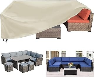 420D Waterproof Outdoor Furniture Cover 350X260X90cm, Premium Quality Patio Furniture Covers Dust Proof Anti-UV Heavy Duty Durable Sofa Sectional Table & Chair Cover Large-Beige