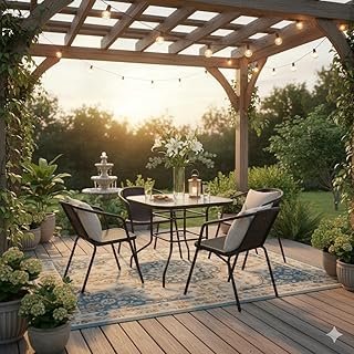 Garden Dining Set Outdoor Furniture | 6 Rattan Chairs with Cushions + 1 Glass-Top Table | Patio Dining Table and Chairs | Anthracite Black Poly Rattan (Brown, 4+1)