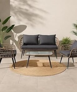 Deep Sleep 4-Piece Outdoor Patio Furniture Set with Glass Top Table – Modern Rattan Coffee Set for Garden, Balcony, Terrace & Backyard | Weatherproof Wicker Sofa with Cushions