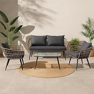 Deep Sleep 4-Piece Outdoor Patio Furniture Set with Glass Top Table – Modern Rattan Coffee Set for Garden, Balcony, Terrace & Backyard | Weatherproof Wicker Sofa with Cushions
