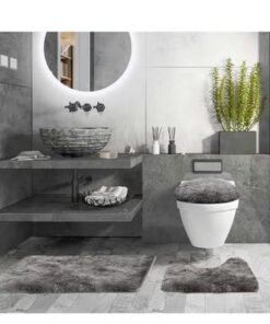 Bukela 3 Piece Bath Set, Contour Mat + Toilet Seat Cover, Super Long, Soft Microfiber, Water Absorbent Non-Slip Fast Drying Bath Mats with PVC Point Rubber Backing (Grey)