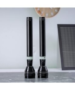 GEEPAS Rechargeable LED Flashlight, Pack of 2| Perfect for Indoor and Outdoor Use, 4 Hours Continuous Working| with Aircraft Aluminum Housing, Lithium Battery| Night Glow Rubber Ring, Resistant to Corrosion, Water and Shock| GFL4637N Black ‎7 x 29.4 x 19cm