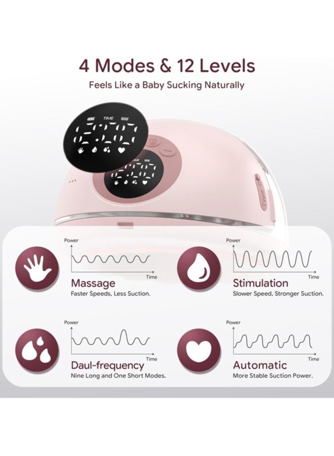 Jccgoo Heated Base Hands Free Breast Pump, Wearable Breastfeeding Pump of Baby Heated Dustproof Base, Automatic Voice Prompts, LED Display with 4 Modes &12 Levels, Memory Function, 2 Pack Pink - Image 3