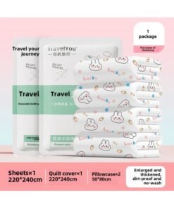 Disposable Bed Sheet Quilt Cover Bed Hat Four-piece Set Double Travel Dirty Winter Extra-large Thickened Household Hotel Supplies-Color:Double Suit [lucky Rabbit] Get 2 Pairs Of Socks With Purchase