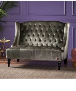 Wooden Twist Soft Velvet Upholstery Button Tufted Modern Bench With Teak Wood Legs ( Grey )