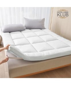 Hotel Linen Klub Queen Mattress Topper 160 x 200 cm –  Microfiber Stripe Super Soft Fabric, 500GSM Soft, Firm & Extra Thick Fiber Sheet with Highly Elastic Bands, White