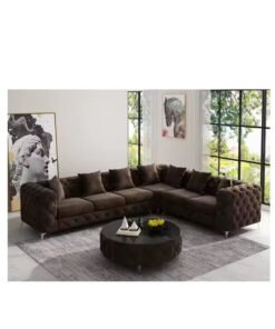 Maharat Al Bahar Luxury L-Shaped Dark Brown velvet Chesterfield Sofa - 6-Seater with selver Legs - Classic Tufted Design for Elegant Living Rooms
