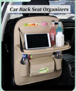 HALAMODO Car Back Seat Organizer Premium PU Leather Backseat Seat Organizer with Foldable Table Multi-Storage Pockets & Adjustable Buckle Strap for Toy & Bottle & Drink & Vehicles Travel