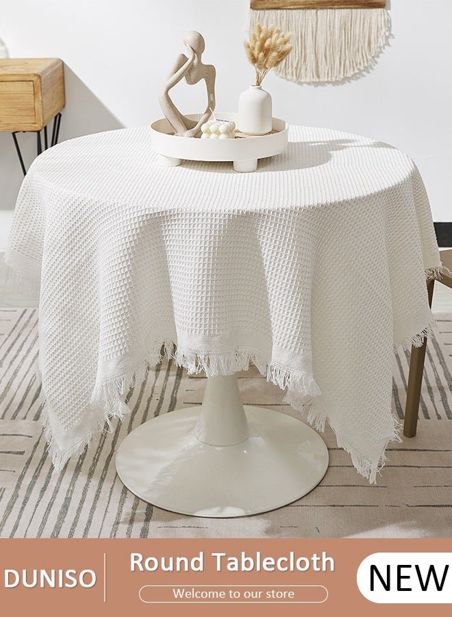DUNISO Checkerd Pattern Tassel Cotton Linen Table Cloth For Dinning Room And Kitchen 130CM