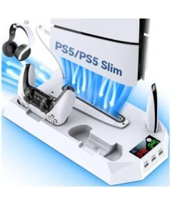 PS5 Stand, PS5 Slim Stand with Cooling, Charging Station & RGB LED - Fits PS5 Standard & Slim Consoles (Disc/Digital) | Dual Controller Charger, Turbo Fan, 3 USB Ports & Headset Holder, White