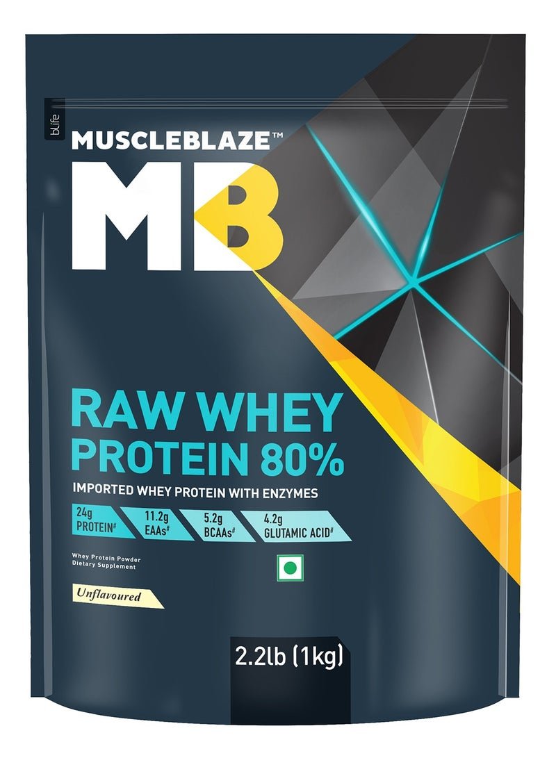 MuscleBlaze Raw Whey Protein Concentrate 80% (Unflavoured, 2.2lbs / 1kg) | 24g Protein Per Scoop
