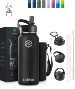 Zahive Insulated Stainless Steel Water Bottle with Straw with 3 Lids and Bag 1000 ml, Double Wall Thermos for Hot and Cold Drinks for Gym and Work, Wide Mouth, Leak Proof, 1 liter, Black
