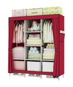 BLOOMING TIME Portable Fabric Wardrobe with Hanging Rail and Side Pockets – Foldable Canvas Closet Organizer for Clothes and Shoes, Bedroom Storage Solution