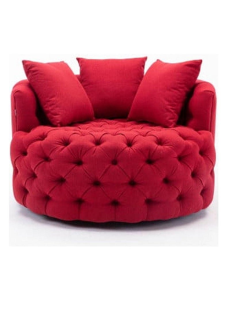 Wooden Twist Barrel Button Tufted Design Modern Round Sofa For Living Room with 3 Pillows ( Red )