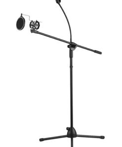 Mike Music Metal Microphone Floor Stand Tripod Adjustable Height with Boom Arm 1 Mic Holders & 1 Smartphone Holder for Studio Outdoor Cellphone Live Streamin