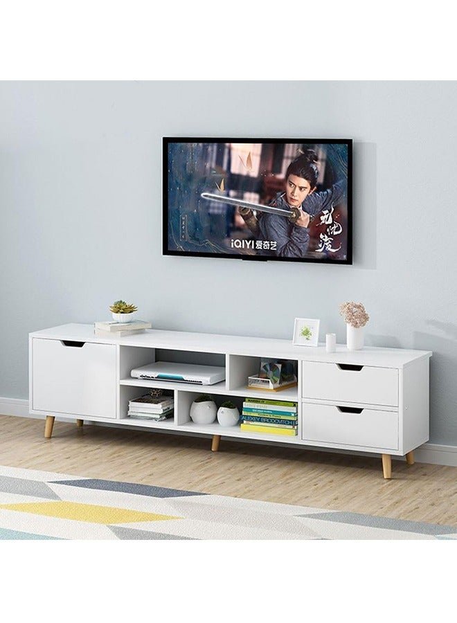JCB CHIC Modern White TV Stand, Large TV Stand Shelves, Living Room Entertainment Center Wood Media Console Table with Storage and 4 Drawers
