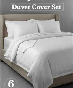 Eworld Premium Striped Duvet Set All Season – 6-Pieces set White | King Size 220x240 cm | Ultra-Soft, Wrinkle-Resistant & Made in Dubai | Includes Duvet Cover, Fitted Sheet ( 200x200 cm ) & 4 Pillow Covers ( 50x70 cm )