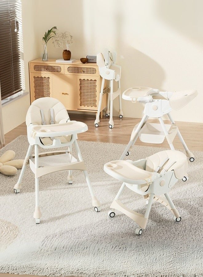 Marcolo 4-in-1 Baby High Chair – Portable Foldable High Chair for Babies and Toddlers with Wheels, Removable Tray, Adjustable Height, Convertible to Toddler Chair, Rocking Horse & Rocking Cart (Beige)