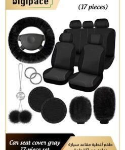 Digipace 17 Pieces Car Seat Cover  Universal Fit Car Front Rear Seat Covers, Fluffy Steering Wheel Covers, Fleece Handbrake Shift Cover, Hanging Accessory Holder Ring Emblem Sticker