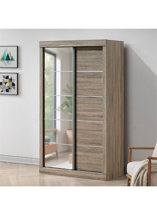DANUBE HOME Supreme New 2Door Compact Sliding Door Wardrobe With Mirrors | Sturdy Closet Clothes Storage Cupboard | Modern Design Space Saving Cabinet For Bedroom L121xW57.5xH210cm-French Sonoma Oak