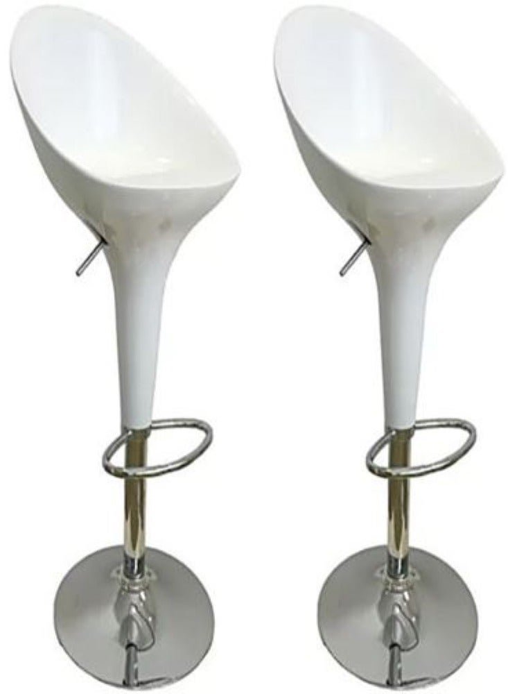 AL WADI FURNITURE Set Of 2 Adjustable Up and Down High Back Scoop Bar Stools Comfortable Swivel Chair With Stainless Steel Base And Footrest - White
