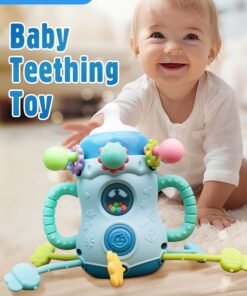 Soft Touch 1PCS Baby Teething Toy with Handle, Montessori Sensory Toy, Toddler Learning Educational Toy, Silicone Pull String Toy for Kids, Baby Chew Toy, Infant Rattle Toy for Boys Girls Gift (Blue)