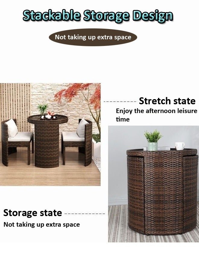 C&C Home Set of 3 Multipurpose Use Stackable Outdoor Patio Bistro Set Glass Top Table with 2 Rattan Chairs Garden Dinning Furniture Set for Yard Deck Garden Poolside Living Room 48x46x68 and 66x73 cm - Image 4