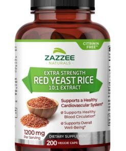 Zazzee Extra Strength Red Yeast Rice 10:1 Extract Capsules 1200 mg, Citrinin Free, 200 Vegan Capsules, Non-Irradiated, Non-GMO and All-Natural, Supports Cardiovascular and Blood Circulation Health
