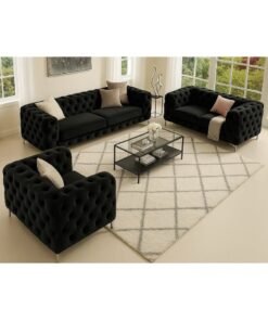 Maharat Al Bahar Maharat Furniture Luxury Chesterfield Sofa Set – 3-Piece Black Tufted Velvet Living Room Set with Armchair, Loveseat & Sofa – Elegant Modern Design with Metal Legs