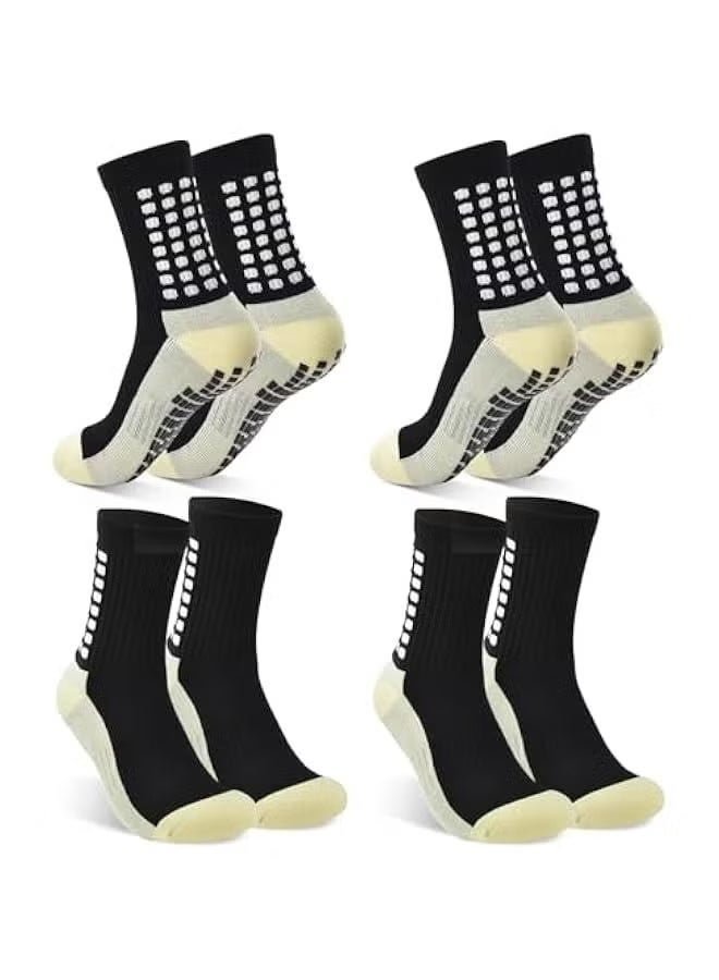 GIFT 4 Pairs Grip Socks Football For Kids Men Adult White Black Football Grip Socks Size 6-11 Running Sports Soccer Non Slip Socks With Rubber Dots, 4xBlack