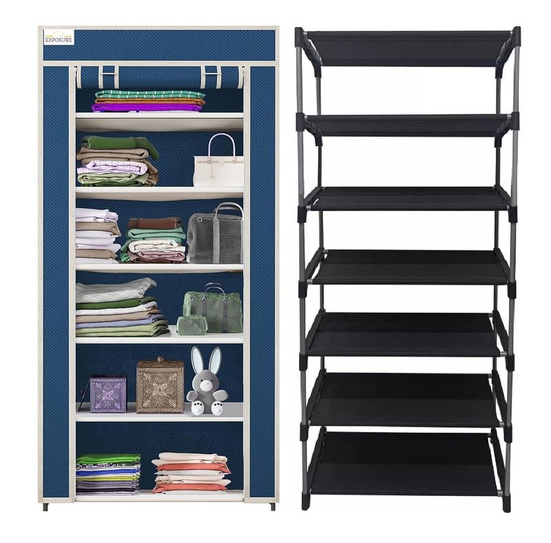 Exposure 6-Layer Collapsible Wardrobe Storage Rack | Multipurpose Cloths Organizer with Metal Frame | Lightweight Foldable Fabric Closet Cupboard for Bedroom, Living Room, or Hostel (Blue)