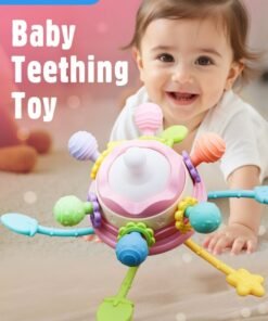 Soft Touch 1PCS Baby Teething Toy with Handle, Montessori Sensory Toy, Toddler Learning Educational Toy, Silicone Pull String Toy for Kids, Baby Chew Toy, Infant Rattle Toy for Boys Girls Gift (Pink)