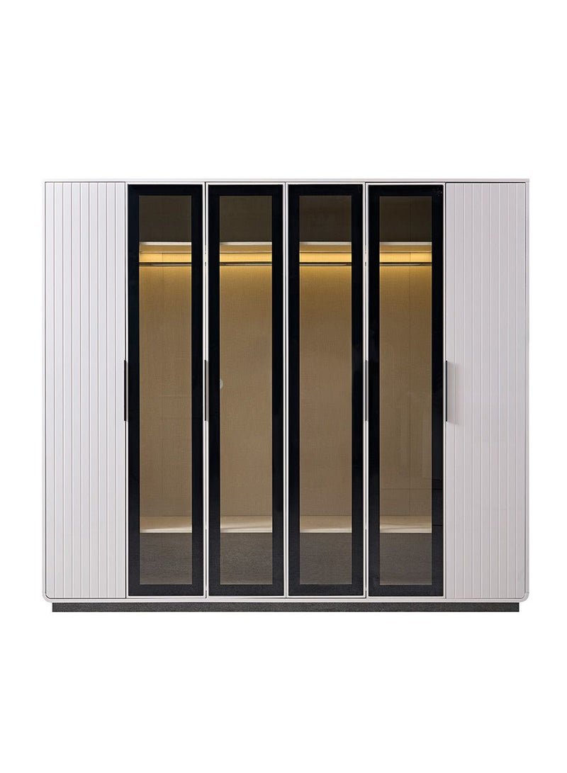 DANUBE HOME Akira 6 Door Wardrobe With 4 Glass Door and LED | Sturdy Closet Clothes Storage Cupboard | Modern Design Space Saving Swing Door Cabinet For Bedroom L240xW60xH214.7cm-L.Grey