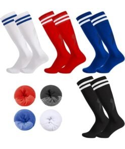 FAYET 4 Pairs Kids Soccer Socks Set, 4 Colors Breathable Knee High Football Socks for Boys Girls Ages 5-12, Striped Sports Tube Socks for Training, Running, Daily Wear (Style 1)