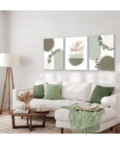 RATSAW Set Of 3 Framed Canvas Wall Arts Stretched Over Wooden Frame Paintings Sage Green Boho Wall Art Modern Nordic Green Wall Decor Minimalist Watercolor Leaf Framed Canvas Print Paintings Abstract Sage Green Boho Room Decor for Living Room Bedroom Bathroom Office